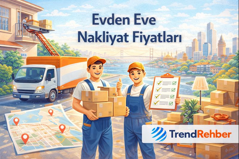 Evden eve nakliyat fiyatları, şehir içi taşıma süreci ve profesyonel ev taşıma hizmetini gösteren TrendRehber görseli