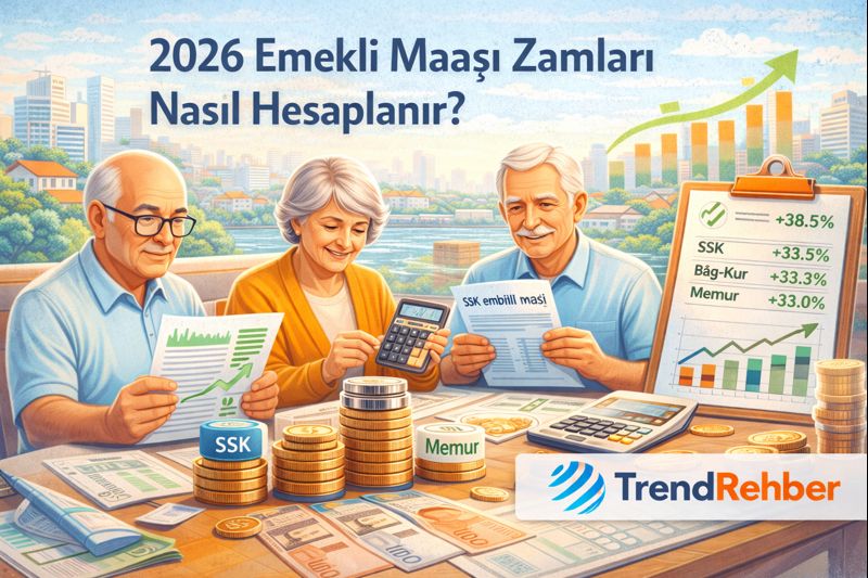 2026 emekli maaşı zamları, SSK Bağ-Kur ve memur emeklileri için maaş artış hesaplamasını gösteren TrendRehber görseli