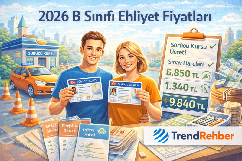2026 B sınıfı ehliyet fiyatları, sürücü kursu ücretleri ve sınav harçlarını gösteren TrendRehber rehber görseli