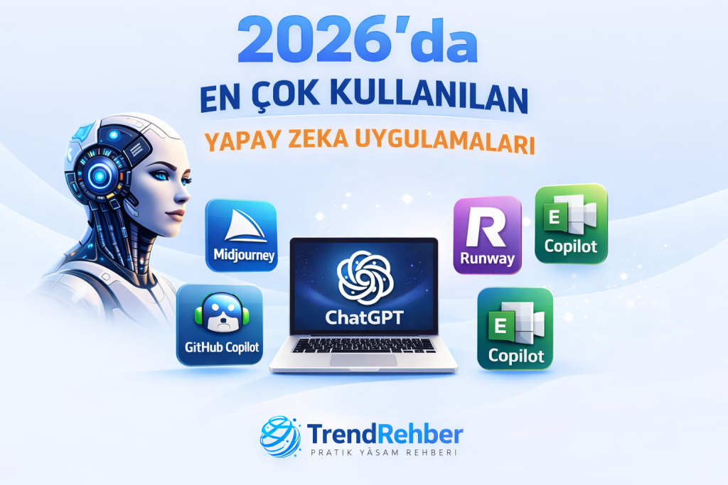 2026’da en çok kullanılan yapay zeka uygulamaları hangileri? Metin, görsel, video ve kod üretimi için en popüler AI araçlarını keşfet. TrendRehber özel rehberi.