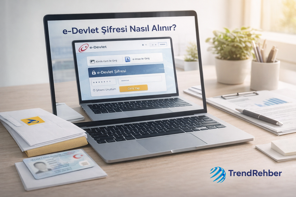e-Devlet şifresi alma rehberini temsil eden, laptop ekranında giriş paneli bulunan ve masada kimlik kartı, zarf ile evrakların yer aldığı sade resmi işlem görseli