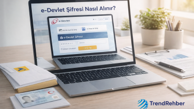 e-Devlet şifresi alma rehberini temsil eden, laptop ekranında giriş paneli bulunan ve masada kimlik kartı, zarf ile evrakların yer aldığı sade resmi işlem görseli