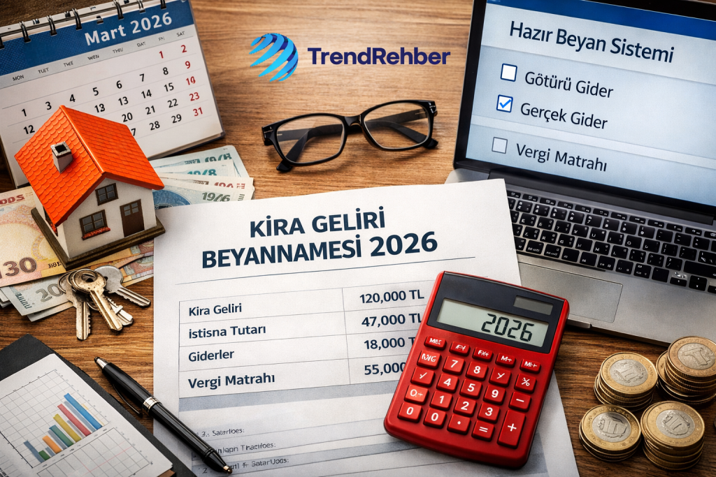 Kira Geliri Beyannamesi 2026 için Hazır Beyan Sistemi ekranı, konut kirası istisnası ve vergi hesaplamasını anlatan masa düzeni (TrendRehber).