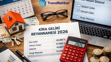 Kira Geliri Beyannamesi 2026 için Hazır Beyan Sistemi ekranı, konut kirası istisnası ve vergi hesaplamasını anlatan masa düzeni (TrendRehber).
