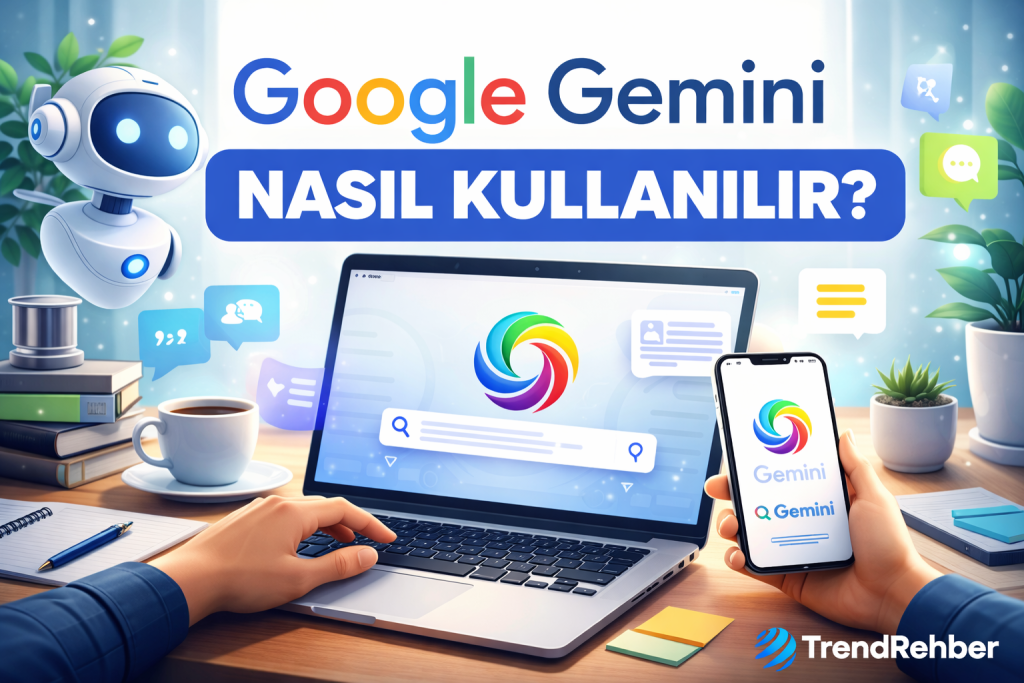 Bilgisayar ve telefon ekranında yapay zekâ kullanımını temsil eden, Google Gemini nasıl kullanılır konulu modern dijital rehber