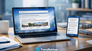 Telefon ve bilgisayar ekranında Google AI Modu arayüzünü temsil eden modern yapay zekâ destekli arama görseli.