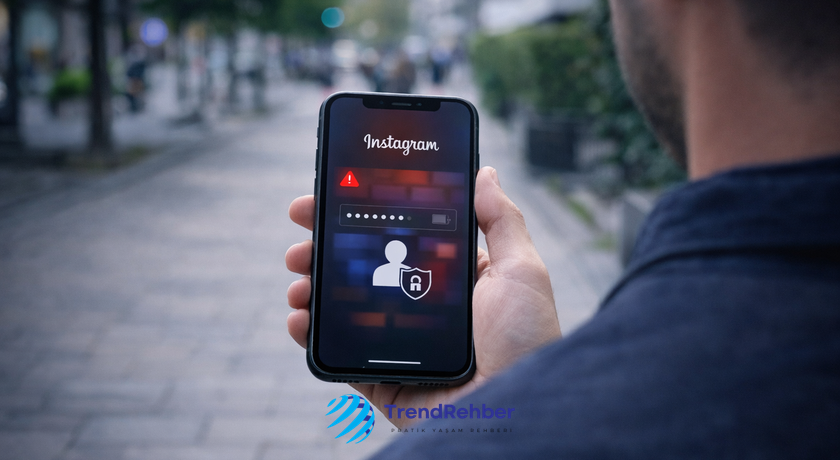 Instagram hesap kurtarma sürecini anlatan, çalınan hesabı geri alma ve güvenlik adımlarına odaklanan görsel