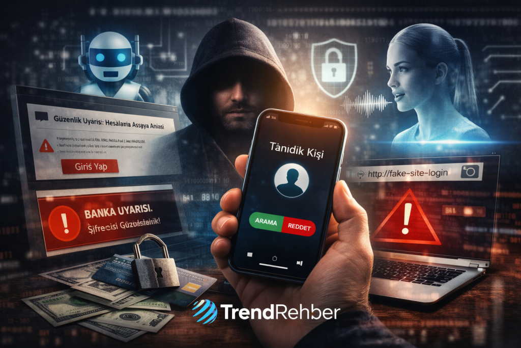Yapay zeka dolandırıcılığına karşı sahte mesaj, deepfake ses ve şüpheli link risklerini anlatan dijital güvenlik görseli.