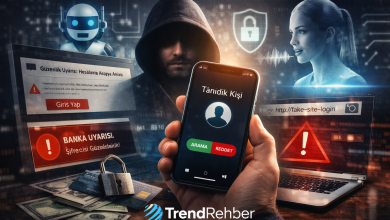 Yapay zeka dolandırıcılığına karşı sahte mesaj, deepfake ses ve şüpheli link risklerini anlatan dijital güvenlik görseli.