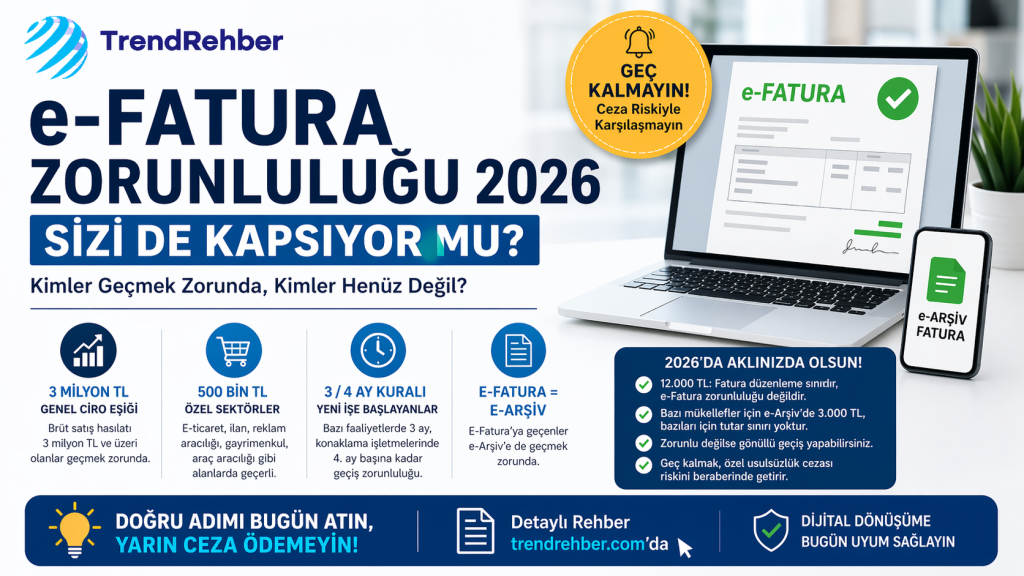 e-Fatura zorunluluğu 2026 kapsamında ciro eşikleri, e-Arşiv ilişkisi ve geçiş kurallarını özetleyen rehber görseli