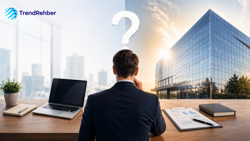 Şahıs şirketi ile limited şirket arasında karar vermeye çalışan girişimciyi anlatan iş dünyası rehber görseli