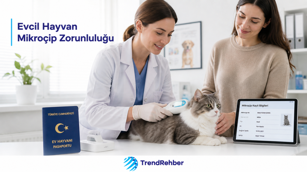 Evcil hayvan mikroçip zorunluluğunu anlatan, veteriner kliniğinde kediye mikroçip kontrolü yapılırken PETVET kaydı ve ev hayvanı pasaportu detaylarını gösteren rehber görseli.