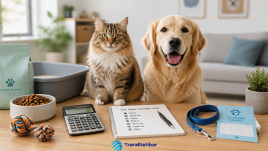 Evcil hayvan sahiplenme masraflarını anlatan, kedi ve köpek için mama, veteriner, aşı, bakım ürünleri ve aylık bütçe planını gösteren rehber görseli.