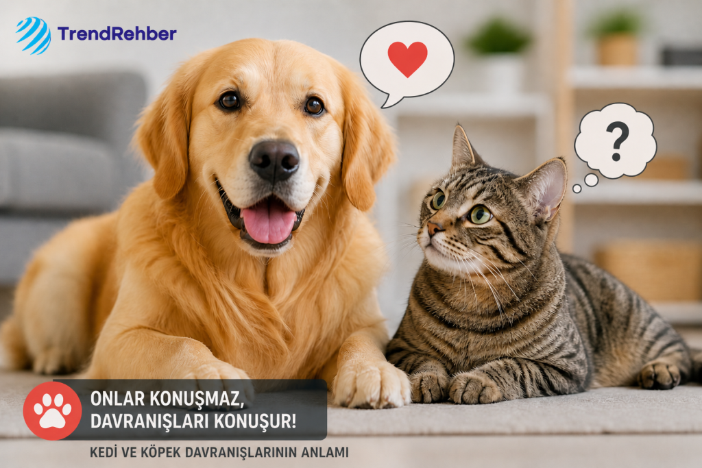 Kedi ve köpek davranışlarının anlamını anlatan, ev ortamında yan yana duran kedi ve köpeğin beden diliyle iletişimini gösteren TrendRehber rehber görseli.
