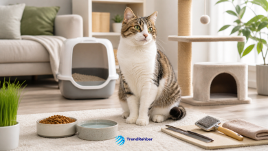 Kedi bakımı rehberi için mama, su kabı, kum kabı, tırmalama alanı ve tüy bakım ürünleriyle hazırlanmış modern ev ortamında oturan kedi görseli.