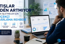 Küçük işletme sahibinin bilgisayar başında satış, reklam, web sitesi ve müşteri verilerini incelediği modern ofis ortamı.