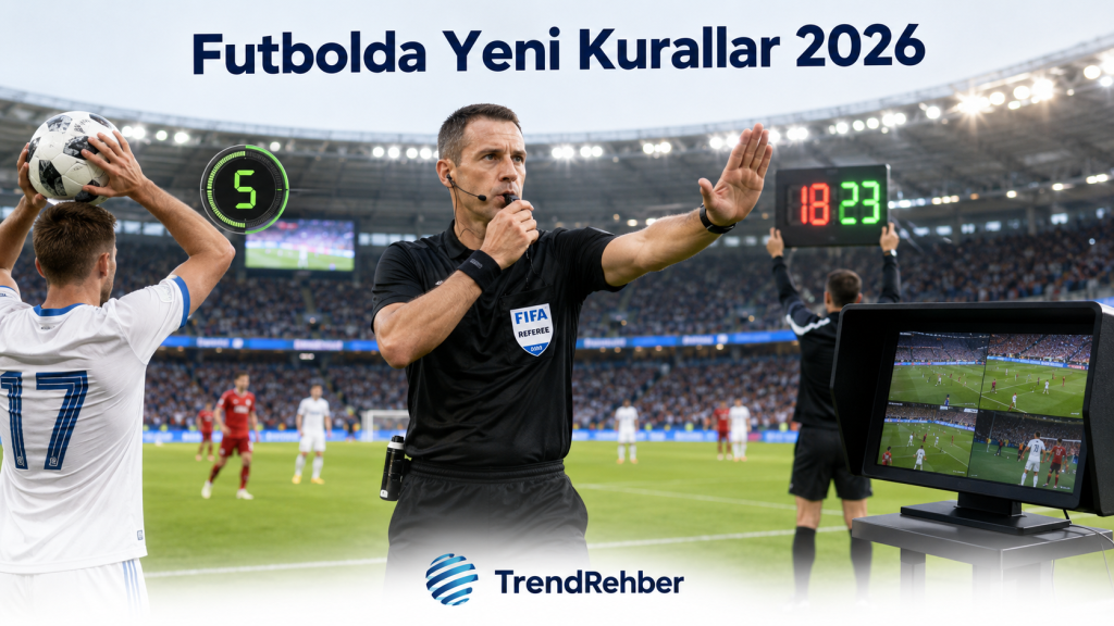Futbolda yeni kurallar 2026 kapsamında hakemin sahada 5 saniyelik geri sayım yaptığı modern futbol maçı görseli